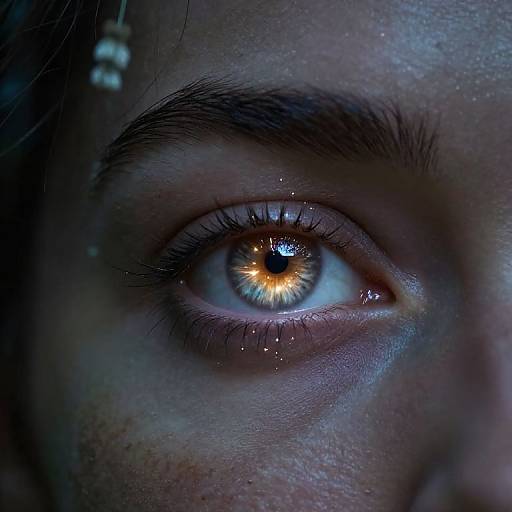 Close-up photograph of a blue-green eye with a bright golden iris reflection, dark eyebrows, and subtle skin textures, bathed in blue light.