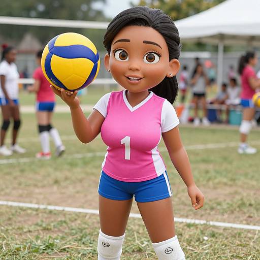 Digital cartoon of a cute, brown-skinned, Asian girl with black hair, wearing a pink volleyball jersey and blue shorts, holding a yellow and blue