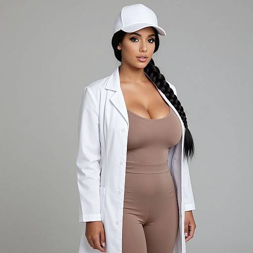 Photograph of a curvy woman with long black hair in a braid, wearing a white lab coat, beige form-fitting jumpsuit, and