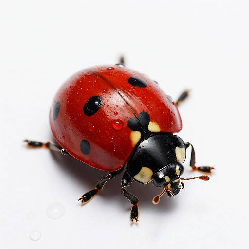 Close-up photograph of a vibrant red ladybug with black spots, water droplets on its shiny shell, and black legs, against a stark white background