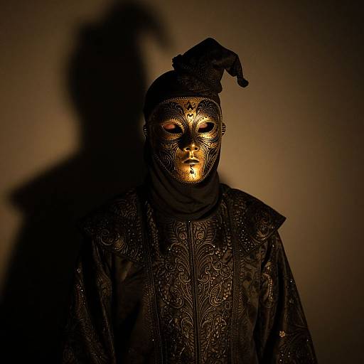 Photograph of a mysterious figure in a dark, ornate mask and black jester hat, illuminated with golden light against a shadowy background.