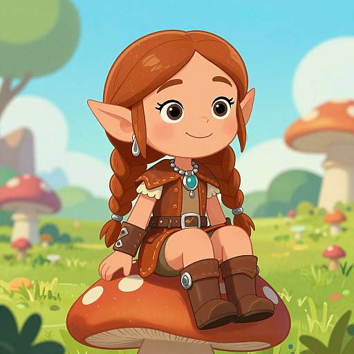 Cheerful Elf Girl on Mushroom