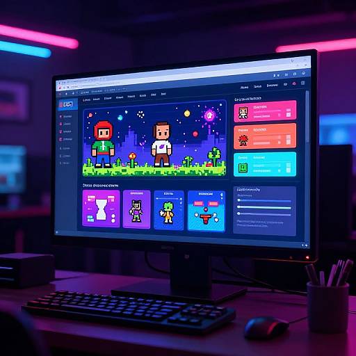 Photograph of a neon-lit computer screen displaying Minecraft-style pixel art on a dark office desk with a keyboard and mouse.