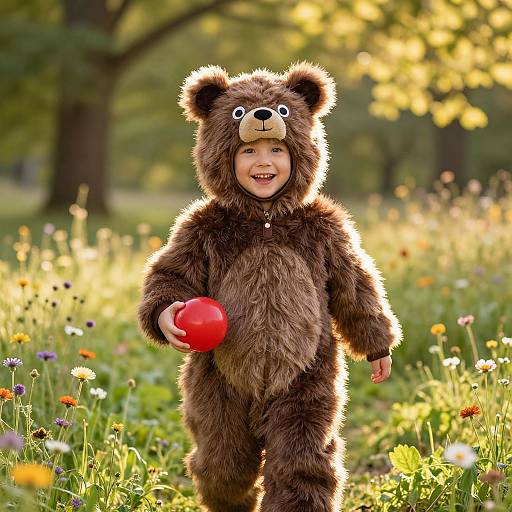 Photograph of a smiling child in a brown bear costume holding a red apple, standing in a sunlit meadow with colorful wildflowers.