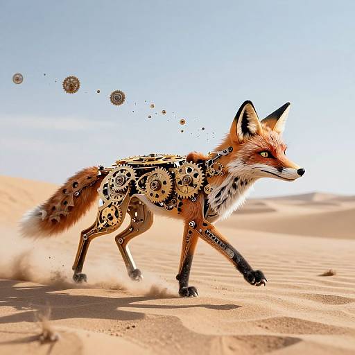 Digital artwork of a red fox with gears and cogs integrated into its body, running through a sandy desert under a clear blue sky. Gears float