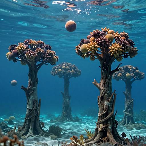 Photograph of an underwater scene featuring surreal, tree-like coral formations with orange and yellow spherical blooms, surrounded by floating orbs and a blue, sunlit