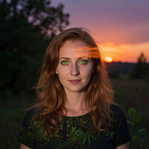 Photograph of a red-haired woman with green eyes, wearing a black floral shirt, standing outdoors at sunset with a colorful sky.