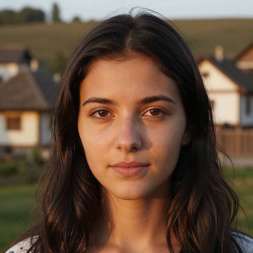 Photograph of a young woman with medium brown skin, dark brown eyes, and long black hair, standing in front of a suburban background with blurred houses