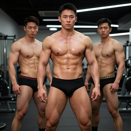 Photograph of three muscular East Asian men in a gym, wearing black briefs, standing in a row with the central man in focus, all g