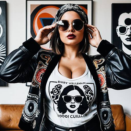 Stylish Woman in Embroidered Leather Jacket and Sunglasses