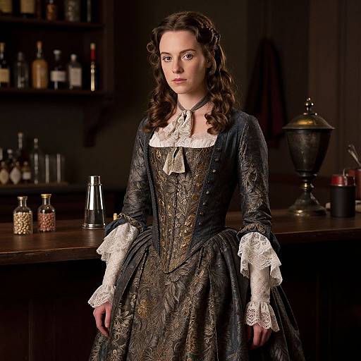 Photograph of a young woman with fair skin and curly brown hair, wearing an ornate, dark blue, 18th-century-style dress with white