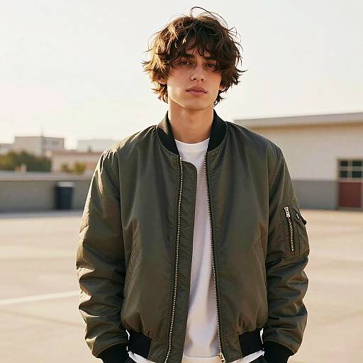 Photograph of a young man with messy brown hair, wearing an olive green bomber jacket and white shirt, standing in a sunlit, empty parking lot