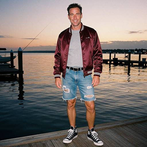 Photograph of a smiling man in a maroon varsity jacket, white shirt, ripped denim shorts, and black sneakers, standing on a wooden dock
