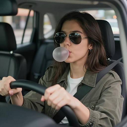 Woman Driving and Blowing Bubblegum