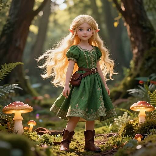Digital artwork of a blonde, elf-like girl with long hair, green dress, brown belt, boots, standing in a sunlit forest with glowing mushrooms