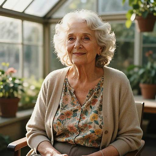 Photograph of an elderly woman with curly white hair, wearing a floral blouse and beige cardigan, sitting in a sunlit greenhouse surrounded by potted