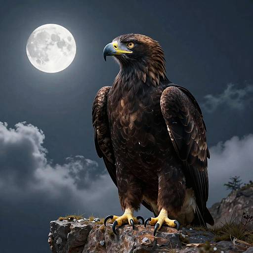 Photorealistic digital artwork of a majestic, dark brown eagle with yellow talons and sharp beak, perched on a rocky ledge under a bright