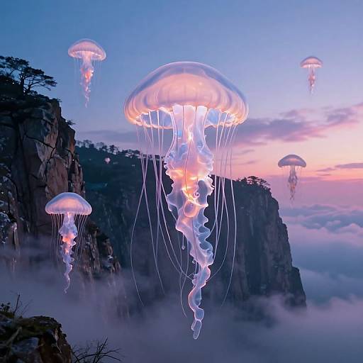 Photograph-style CGI of glowing jellyfish floating above misty mountain cliffs at sunset, with a pastel pink and blue sky backdrop.
