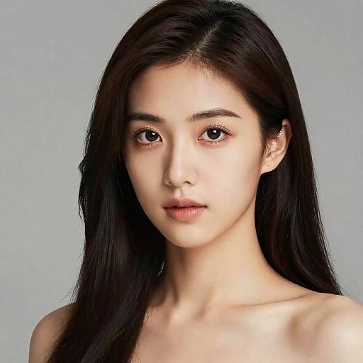 Photograph of an East Asian woman with long, straight black hair, fair skin, and neutral expression, set against a plain gray background.