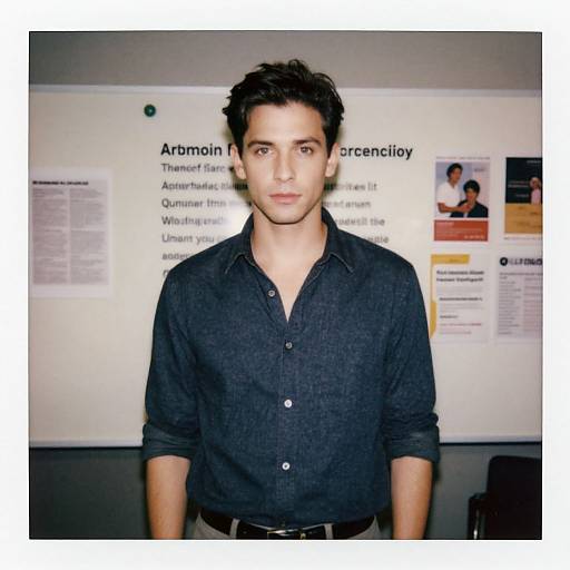 Photograph of a young man with dark, wavy hair, wearing a black, button-up shirt, standing in front of a whiteboard with text