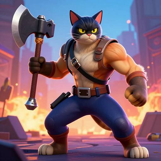 CGI image of a muscular black cat with yellow eyes, wielding a large axe, wearing leather straps and blue pants, standing in a fiery, urban