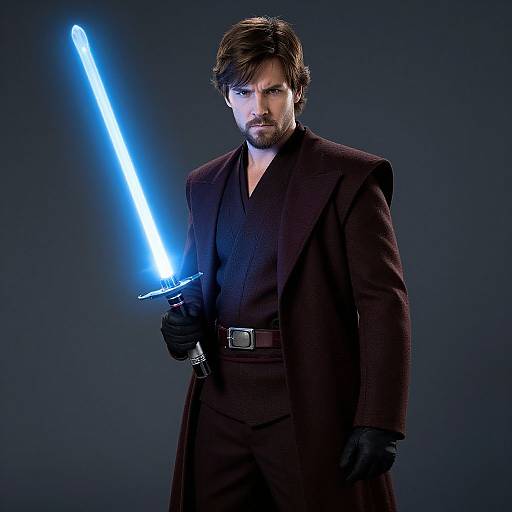 Photograph of a bearded man with dark hair in a black Jedi robe holding a glowing blue lightsaber against a dark blue background.