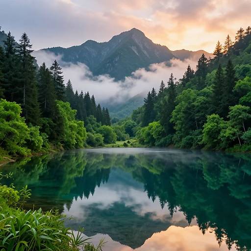 Serene Misty Mountain Lake Sunrise