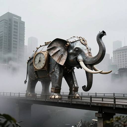 Clockwork Elephant on Foggy Sky-Bridge