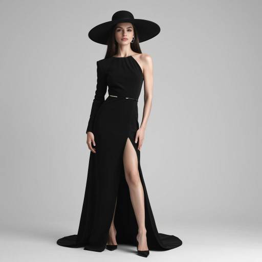 Elegant Woman in Black Evening Gown and Wide-Brimmed Hat