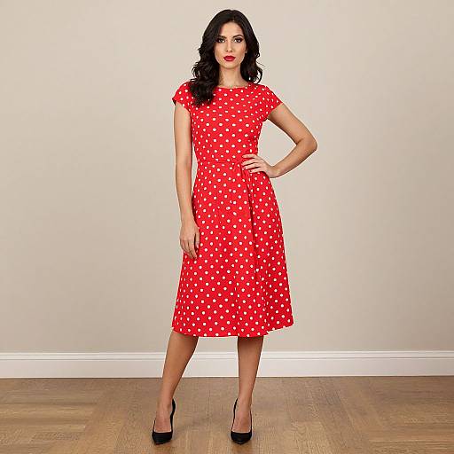 Photograph of a woman with fair skin and black wavy hair, wearing a red polka-dot dress and black high heels, standing against a plain