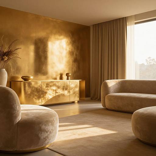 Photograph of a modern living room with gold-accented walls, soft beige circular armchairs, a golden cabinet, and sunlight filtering through floor