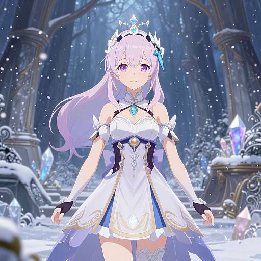 Digital anime-style artwork of a white-haired, purple-eyed, fair-skinned princess in a white and blue magical dress, standing in a snow-covered,