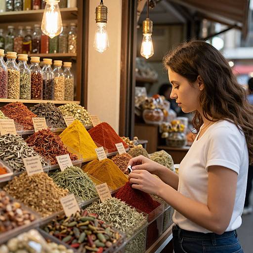 Woman Exploring Vibrant Spice Market Stall