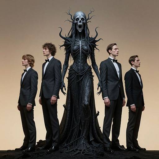 Photograph of four men in black tuxedos standing in a line, with a terrifying black, skeletal, creature in a flowing dress between them