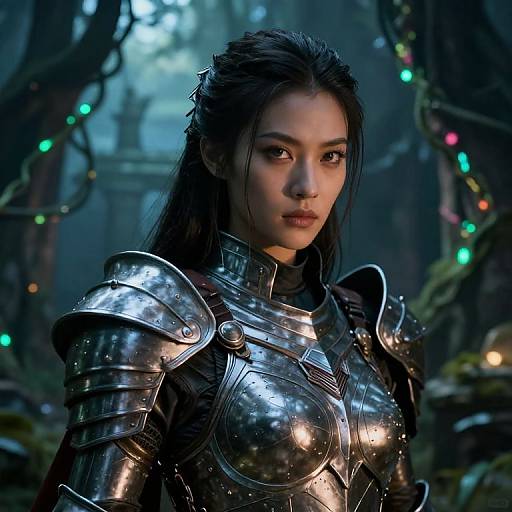 CGI image of a young Asian woman with long black hair, wearing shiny silver armor, standing in a dark, misty forest with glowing lights.