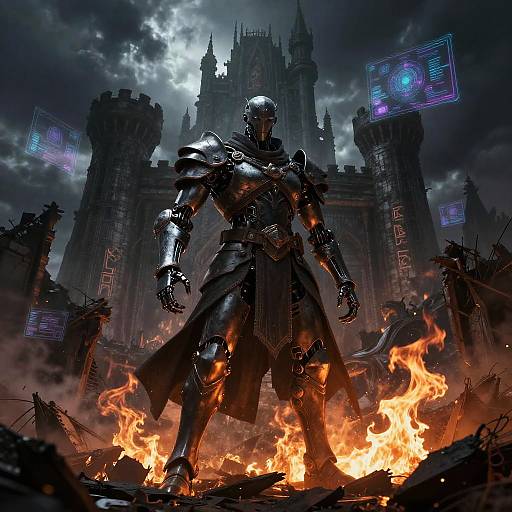 Digital art: Dark, armored warrior stands amid fiery ruins before a gothic castle, glowing holograms hover above, stormy sky in background.