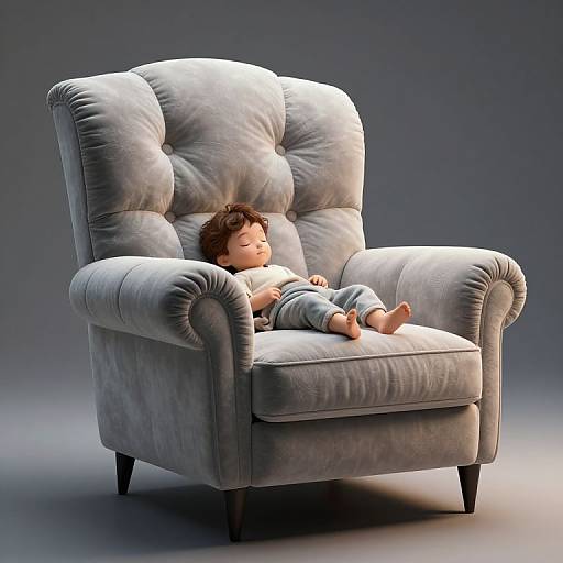 Photorealistic CGI of a sleeping baby with brown hair in a gray, tufted, velvet armchair with dark wooden legs.