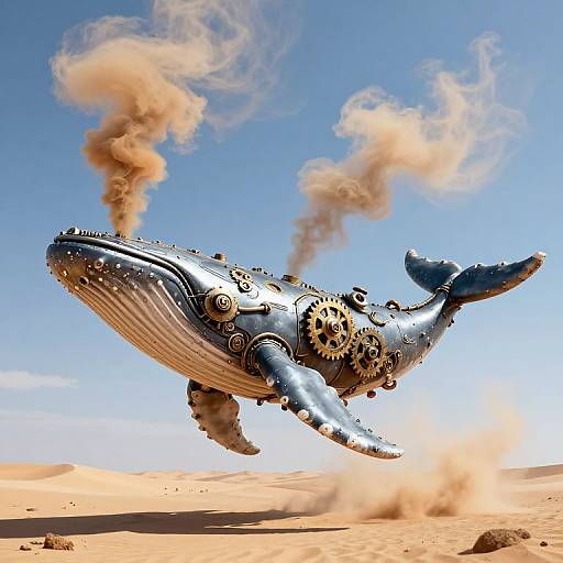 Photorealistic CGI of a steampunk whale with gears, smoke, and a metallic blue finish soaring above a desert landscape.