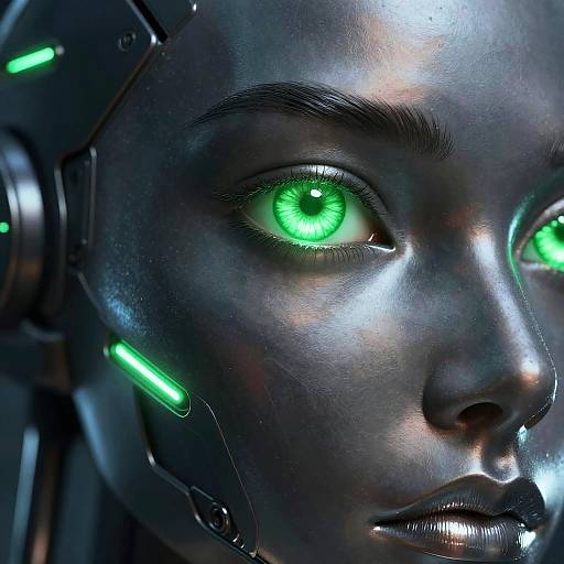 Close-up CGI of a futuristic, metallic-skinned humanoid with glowing green eyes and green LED accents on the headgear, creating a cybernetic appearance