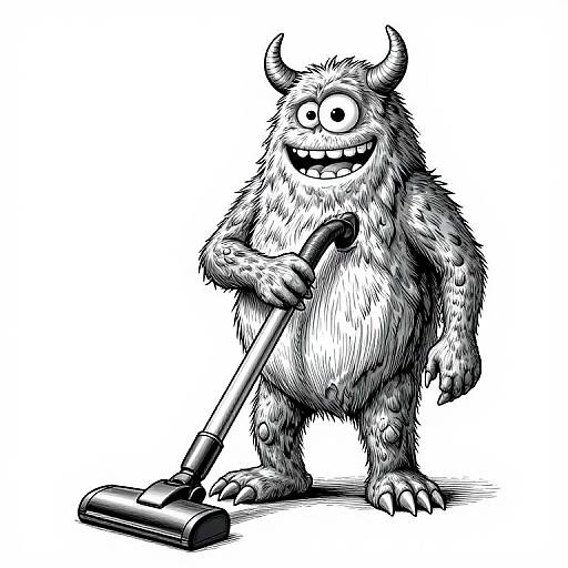 Black-and-white cartoon drawing of a goofy, furry, horned monster vacuuming with a mop handle, standing on a white background.