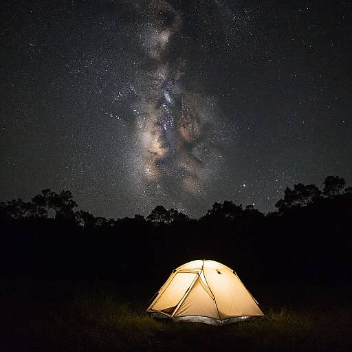Nighttime photograph of a glowing yellow tent under a star-filled, Milky Way-lit sky, with dark silhouetted trees in the background.