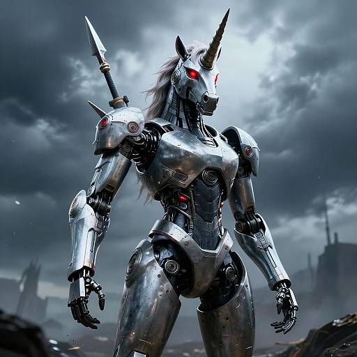 CGI image of a metallic, humanoid unicorn robot with red eyes, sharp horn, and sword on back, standing in a stormy, post-ap