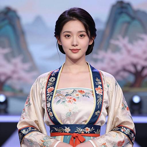 Photograph of an Asian woman with fair skin and black hair in a traditional floral kimono, standing in front of a blurred cherry blossom background.