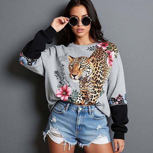 Photograph of a dark-haired woman in round sunglasses, wearing a leopard-print and floral sweater, and distressed denim shorts, posing against a gray background.