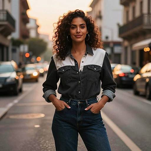 Photograph of a confident woman with curly brown hair, wearing a black-and-white denim shirt and blue jeans, standing on a bustling urban street at sunset