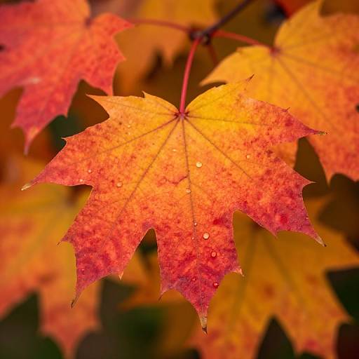 Close-up photograph of vibrant autumn leaves with red and orange hues, dotted with water droplets, against a blurred background.