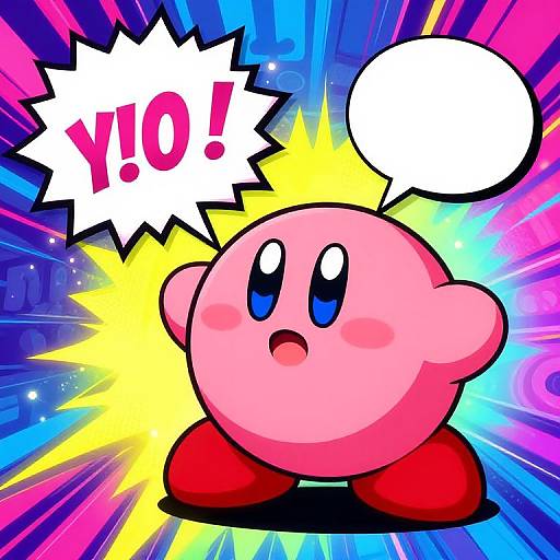 Colorful digital cartoon of Kirby, a pink round character with red shoes, exclaiming 
