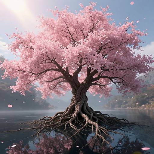 Digital artwork of a solitary cherry tree with pink blossoms standing in a calm, reflective lake, with sunlight filtering through.