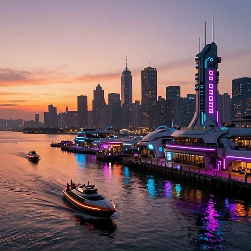 Photograph of a vibrant sunset over a neon-lit waterfront with a city skyline, boats, and a 