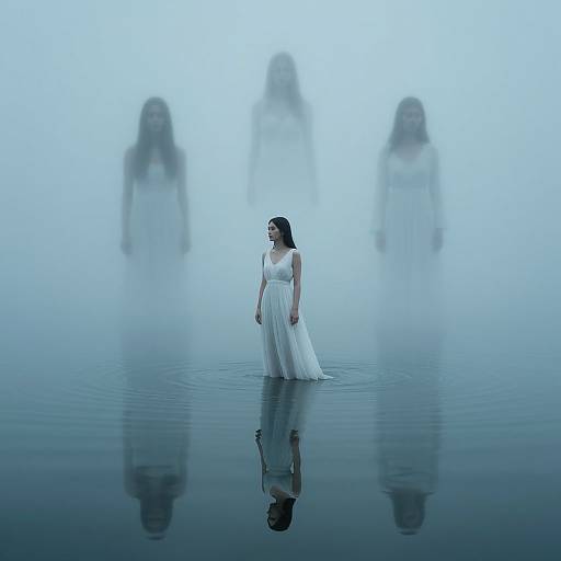 Photograph of a woman in a white, flowing dress standing in calm, reflective water with three ghostly, blurred reflections behind her in a misty